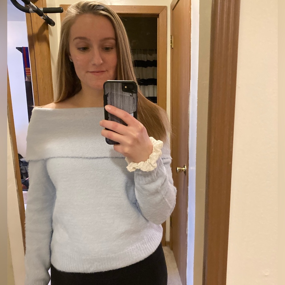 NWT H&M fold over off-shoulder light blue fuzzy sweater